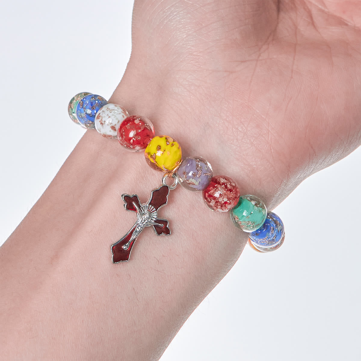 Colorful Glow-in-the-Dark Gold-Flecked Glass Bracelets with Crucifix