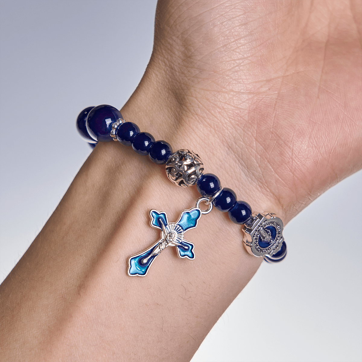Elegant Deep Blue Beaded Bracelets with Crucifix and Miraculous Medal