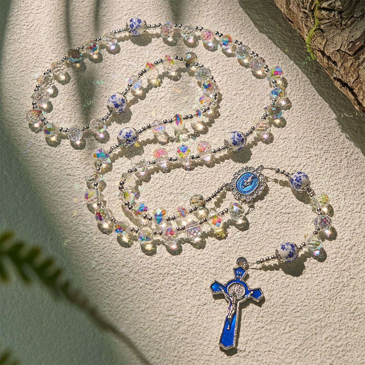 Shining Crystal and Blue Floral Beads Rosary with Enamel Crucifix & Our Lady