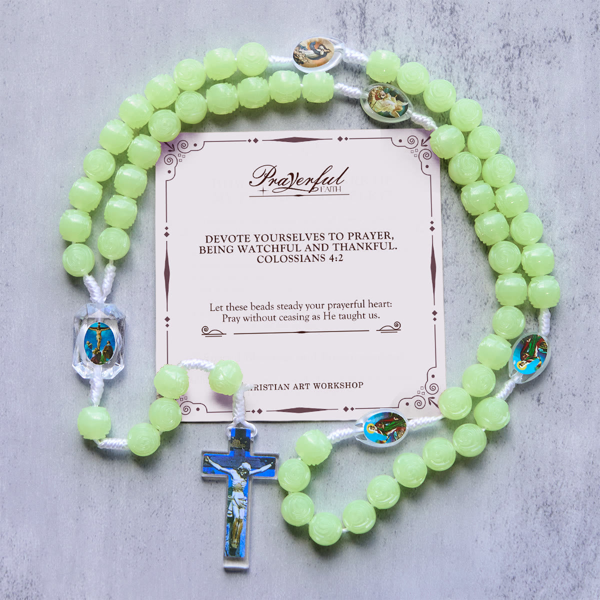 PRAYERFUL FAITH: Glow-in-the-Dark Green Beads Rosary with Gift Card