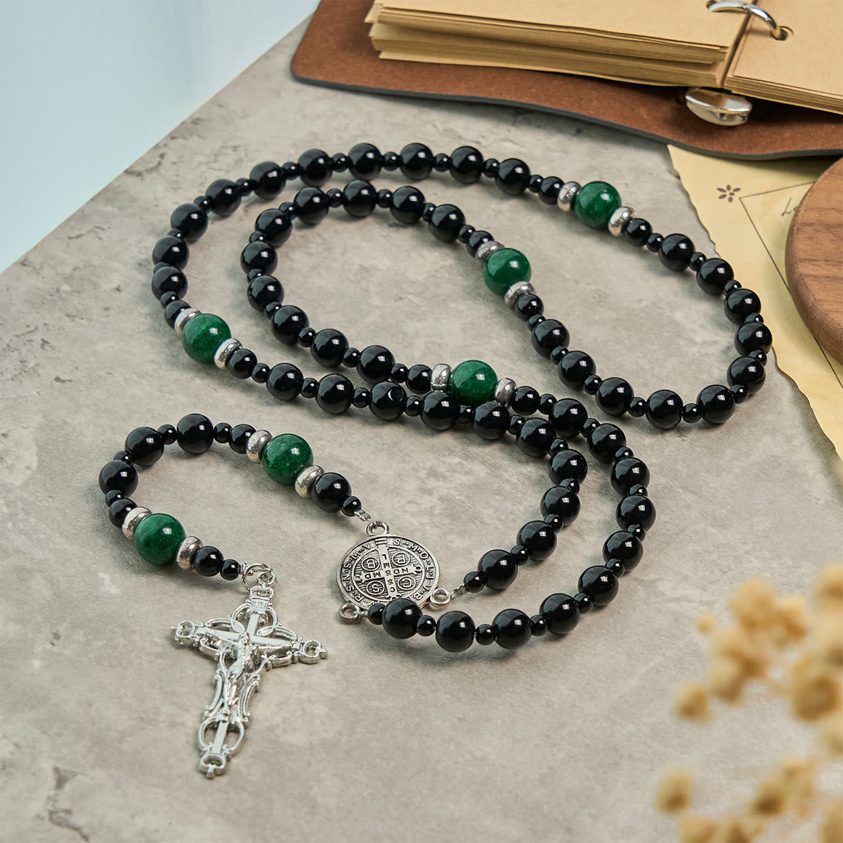 St. Benedict & Crucifix of 8mm Obsidian & Jade Handmade Bead Rosary - Faith and Sacred Connection