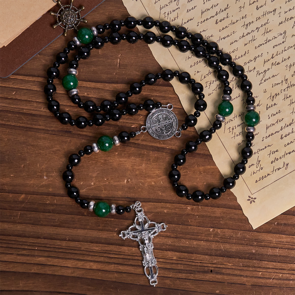 St. Benedict & Crucifix of 8mm Obsidian & Jade Handmade Bead Rosary - Faith and Sacred Connection