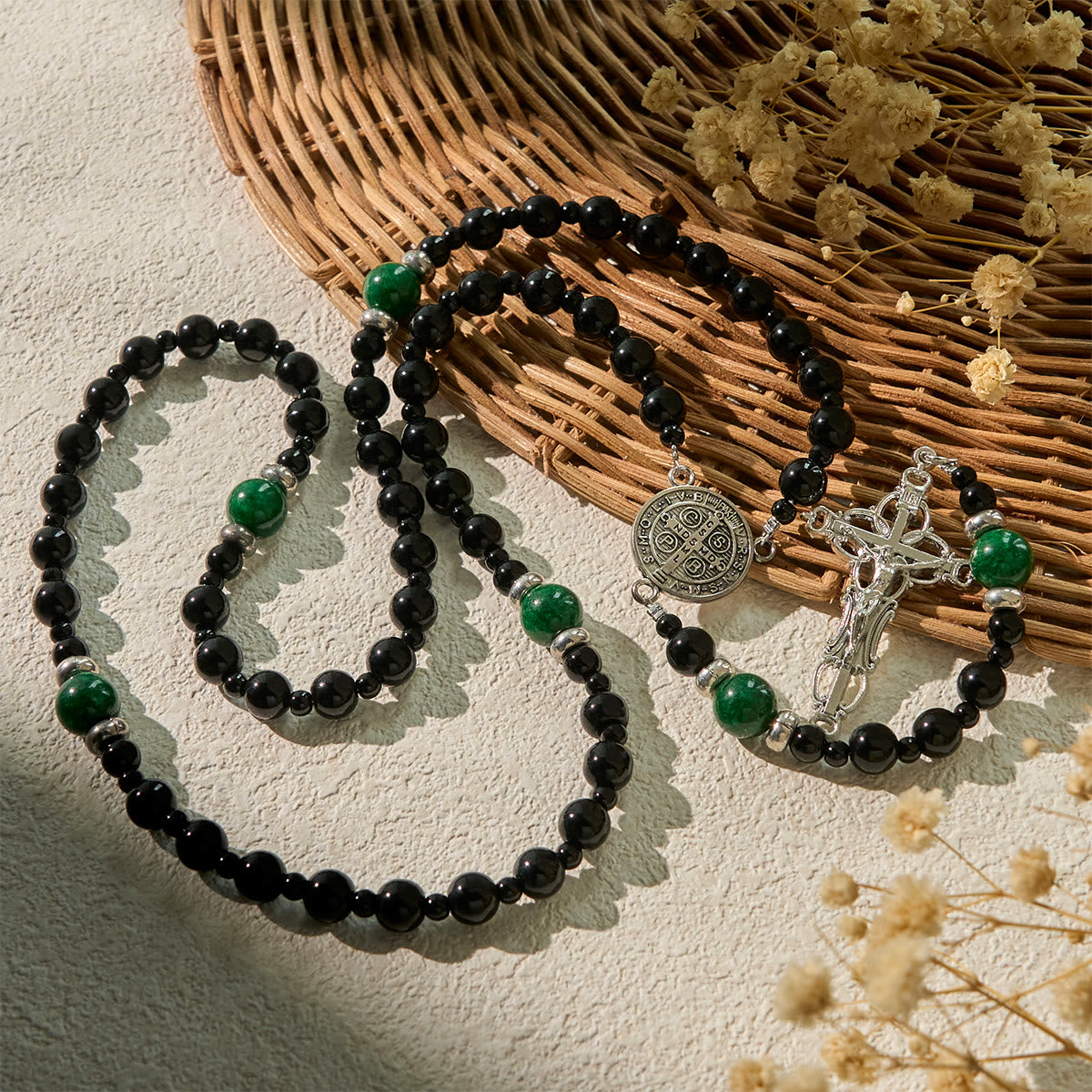 PRAYERFUL FAITH: St. Benedict & Crucifix of 8mm Obsidian & Jade Handmade Bead Rosary