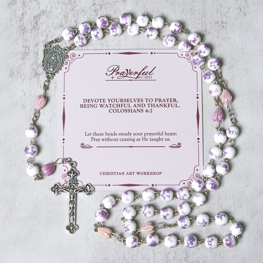 PRAYERFUL FAITH: Handmade Purple Flower Beads Rosary with Gift Card