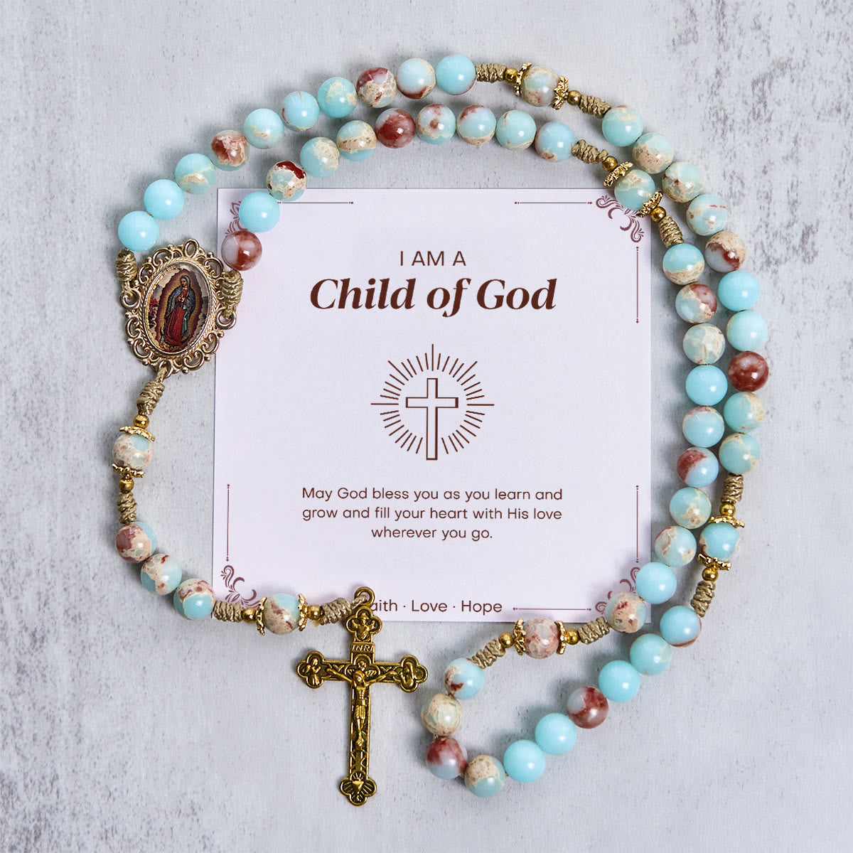 PRAYERFUL FAITH: Handmade Aqua Stone Prayer Rosary with Gift Card