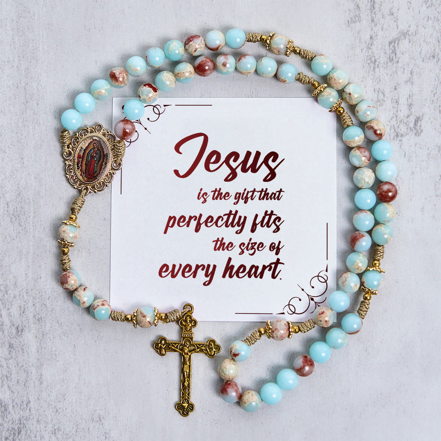 PRAYERFUL FAITH: Handmade Aqua Stone Prayer Rosary with Gift Card
