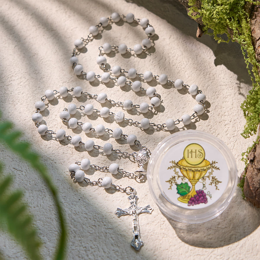 Divine Wooden Holy Chalice Communion Rosary in White with Gift Box Bundle