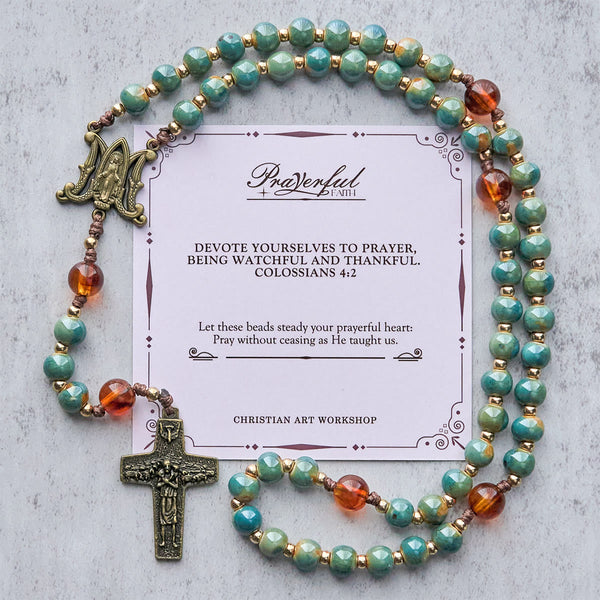 PRAYERFUL FAITH: Handcrafted Green Ceramic Rosary with Amber Beads