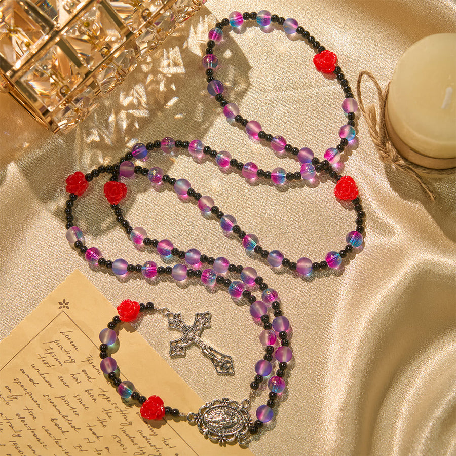 Mystical Frosted Purple-Blue Beads Rosary with Red Roses & Miraculous Medal Blessing