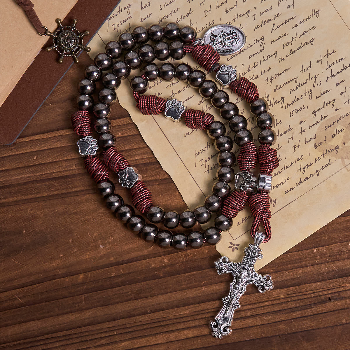 Rugged Bronze-Tone Beads Paracord Rosary with Paw Charms & St. Michael