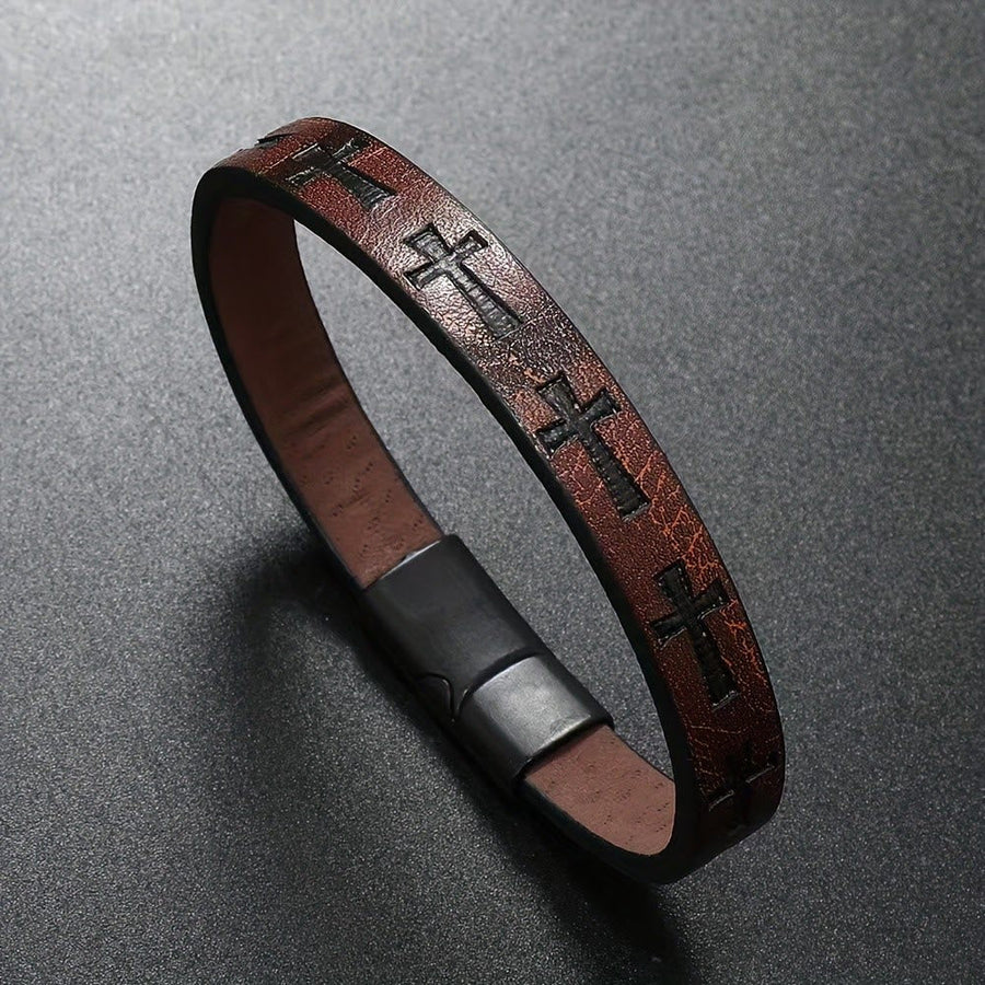 Classic Style Multicolor Leather Magnetic Buckle Bracelet with Cross Motifs