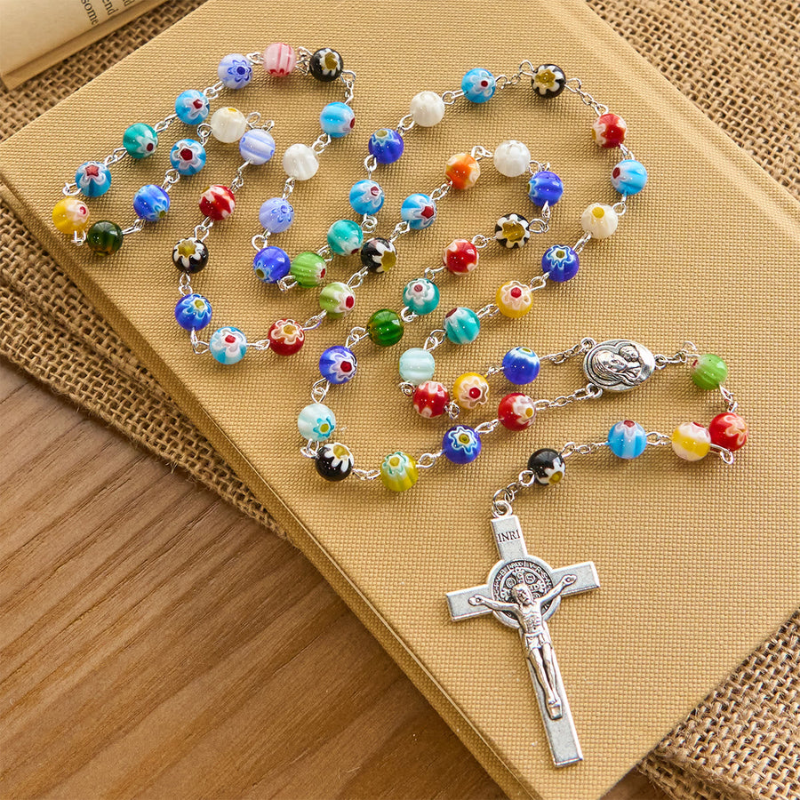 Multicolored Vibrant Flower Pattern Murano Beads Rosary with Madonna and Child