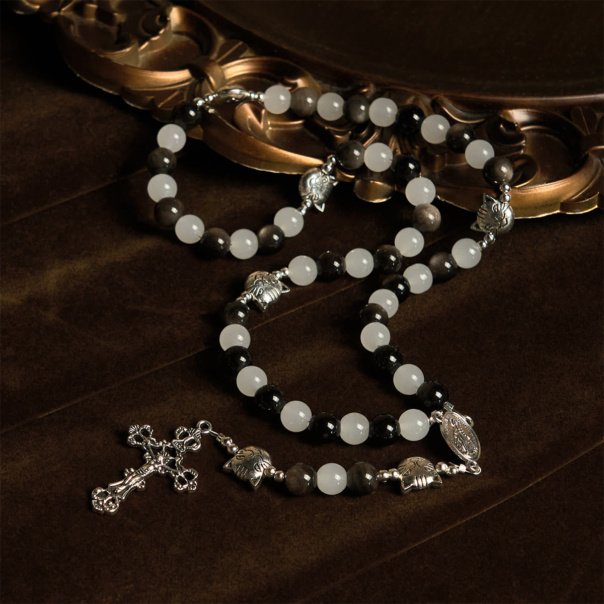 Our Lady's Blessing with Black & White Cow Cat Beads Bracelet, Animal Rosary