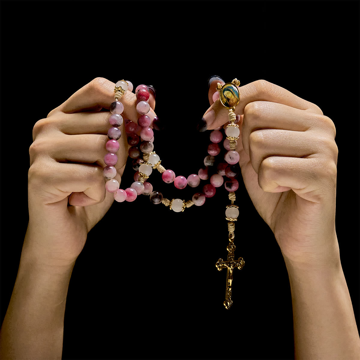 Elegant Persian Pink and Black Jade Beads Rosary with Our Lady's Blessing
