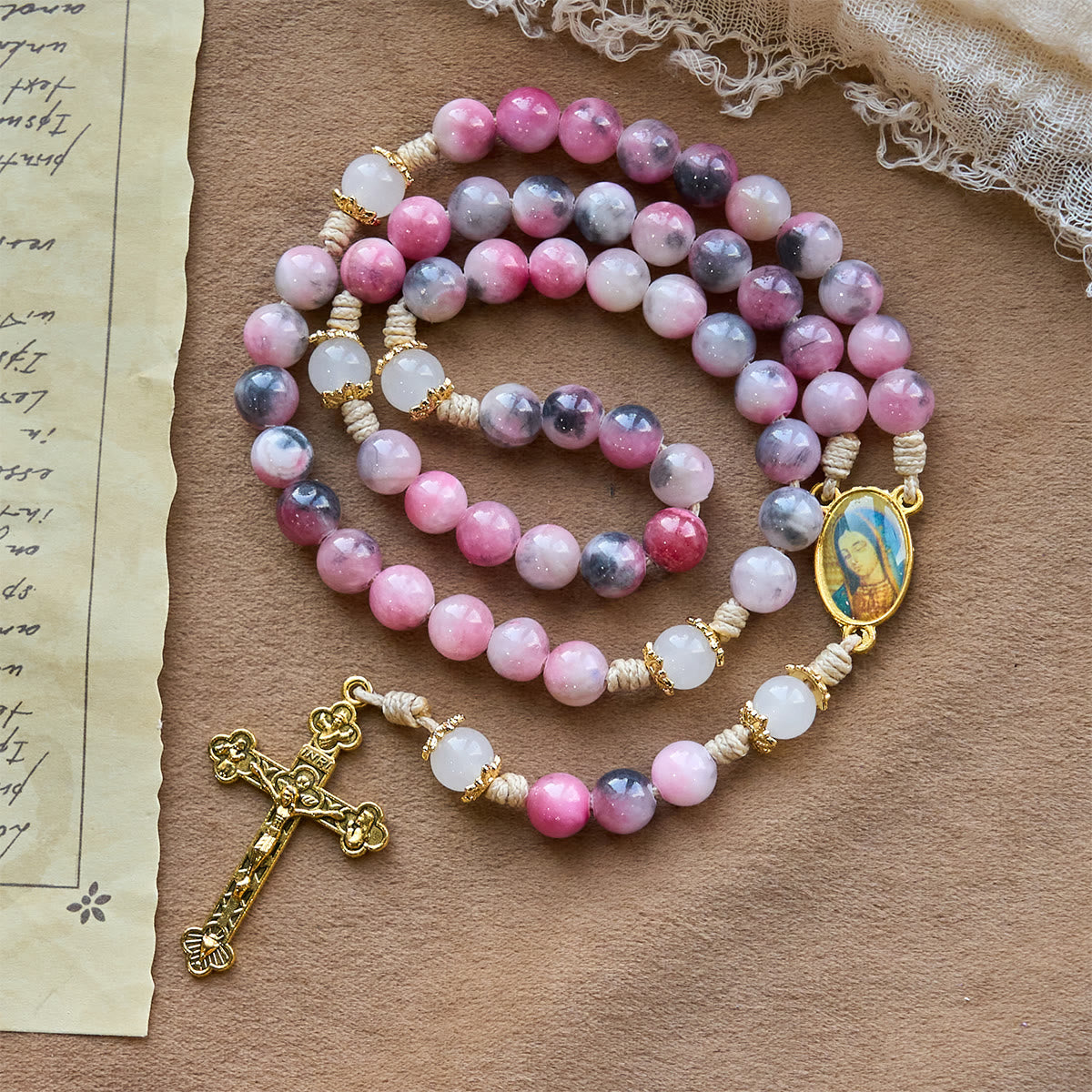 Elegant Persian Pink and Black Jade Beads Rosary with Our Lady's Blessing