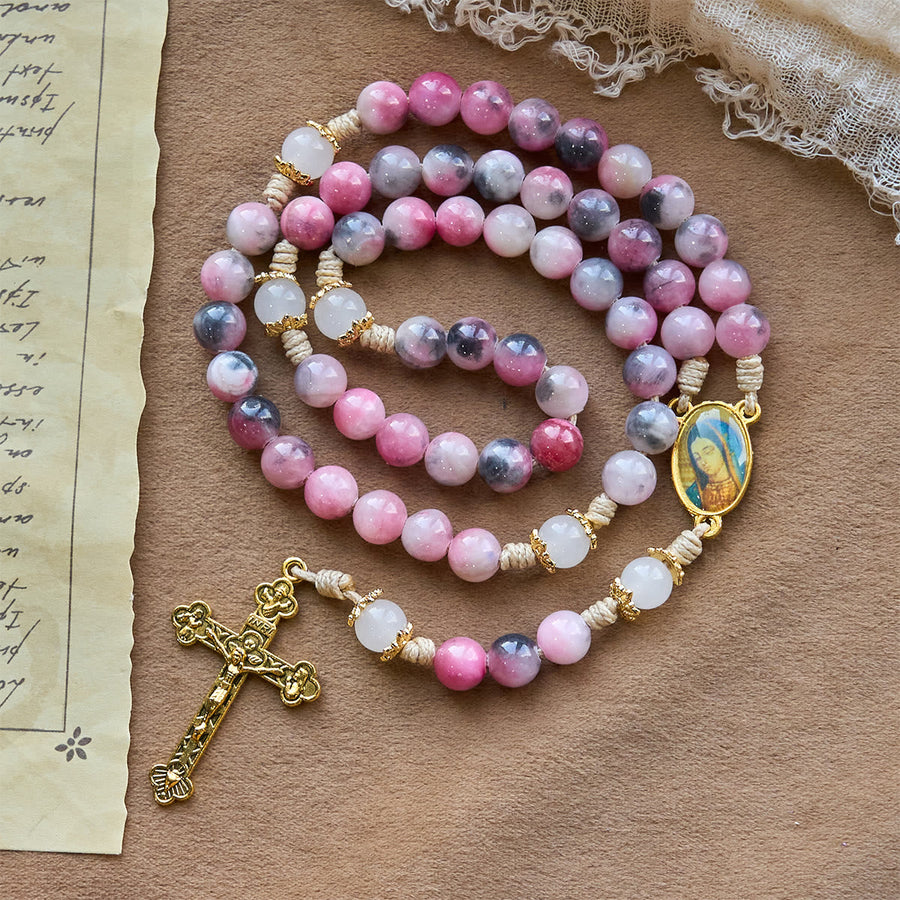 Elegant Persian Pink and Black Jade Beads Rosary with Our Lady's Blessing