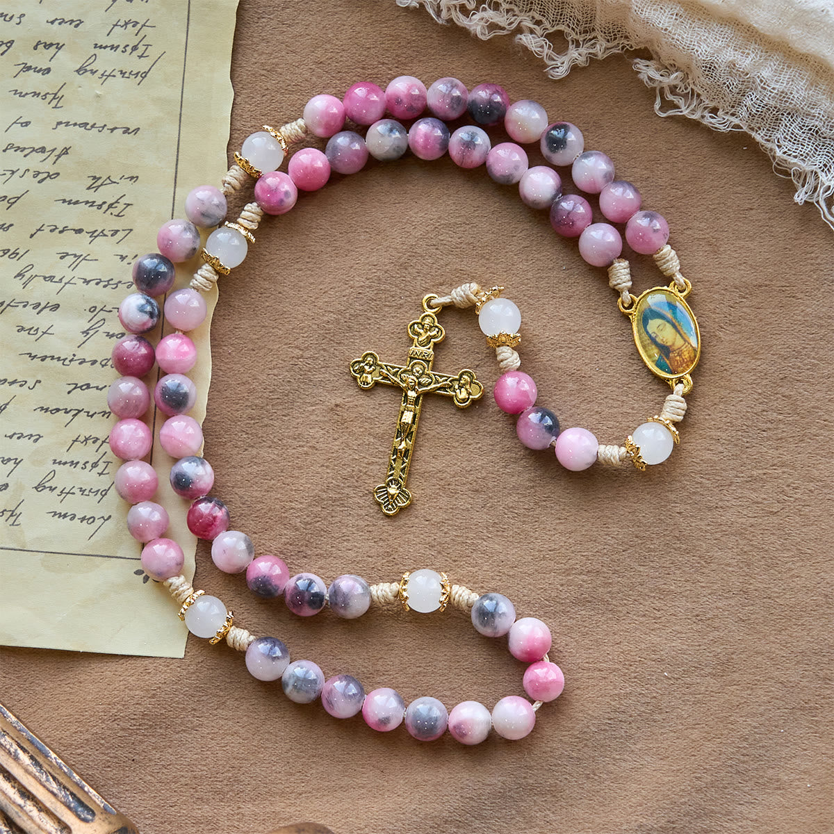 Elegant Persian Pink and Black Jade Beads Rosary with Our Lady's Blessing