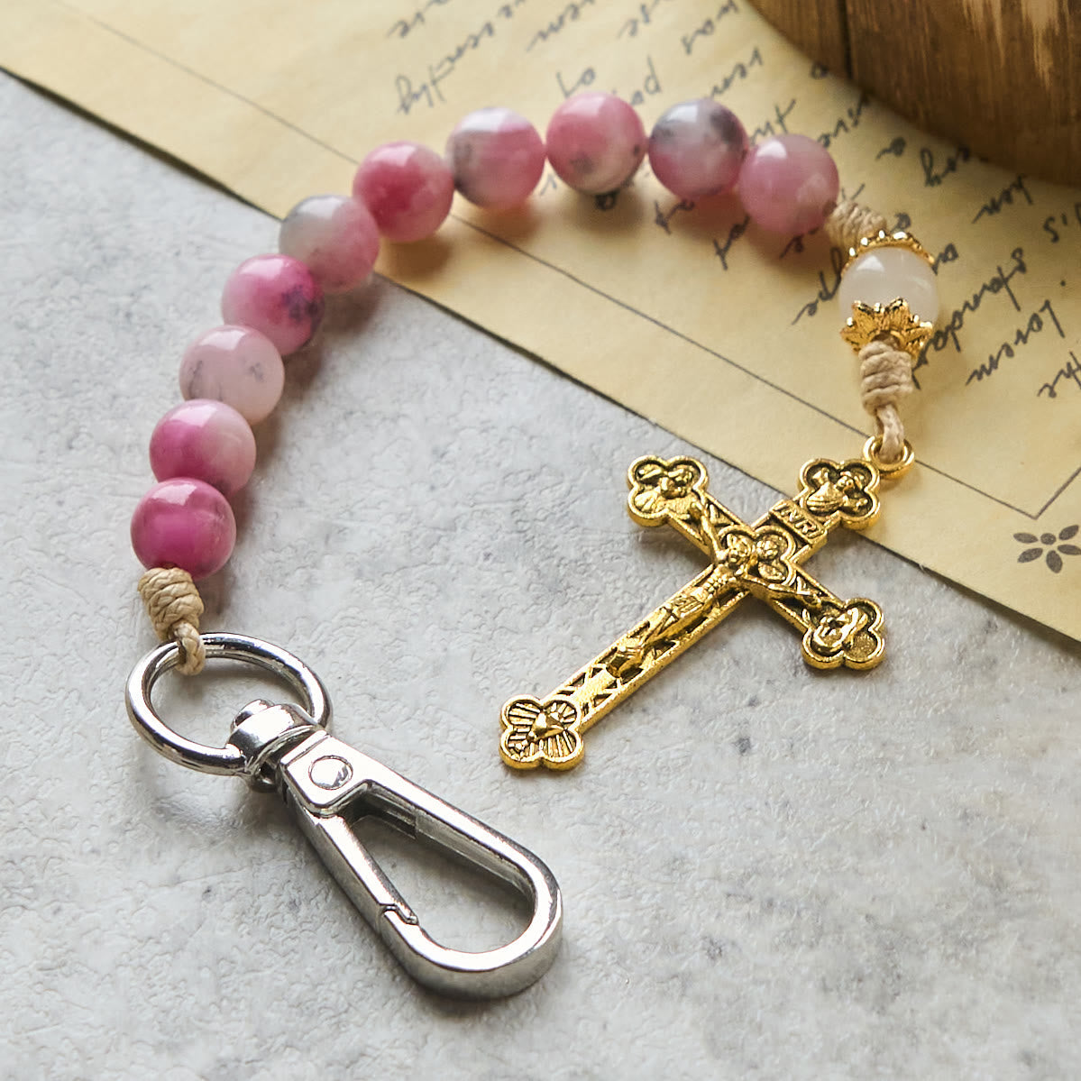 Persian Pink Jade Beads Portable Rosary Keychain with Bronze Crucifix