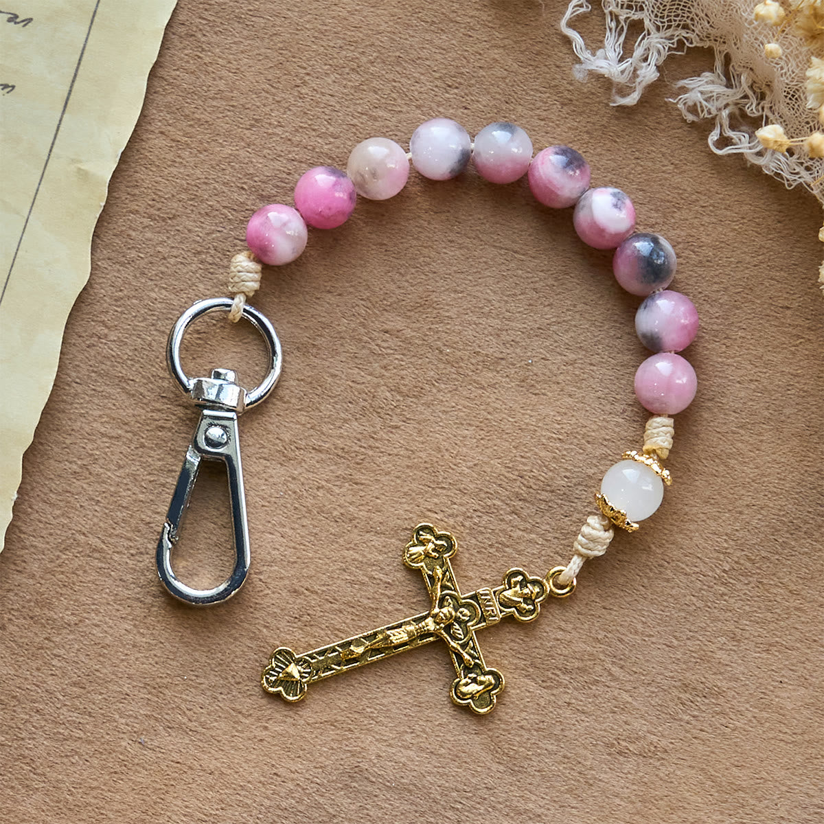 Persian Pink Jade Beads Portable Rosary Keychain with Bronze Crucifix