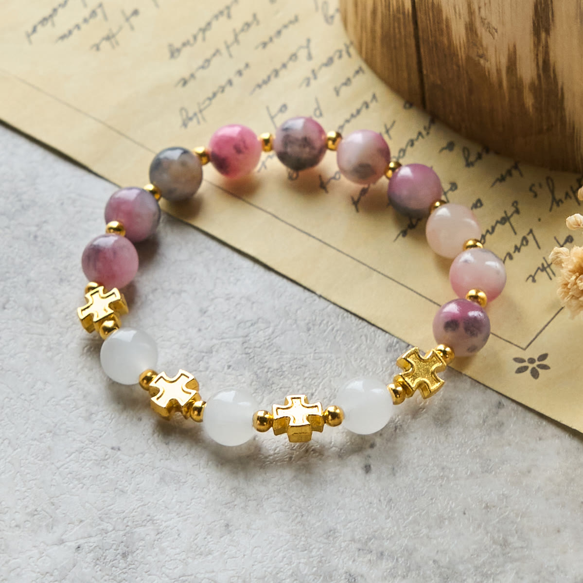 Graceful 8mm Persian Pink & Black Jade Beads Bracelet with Ancient Cross