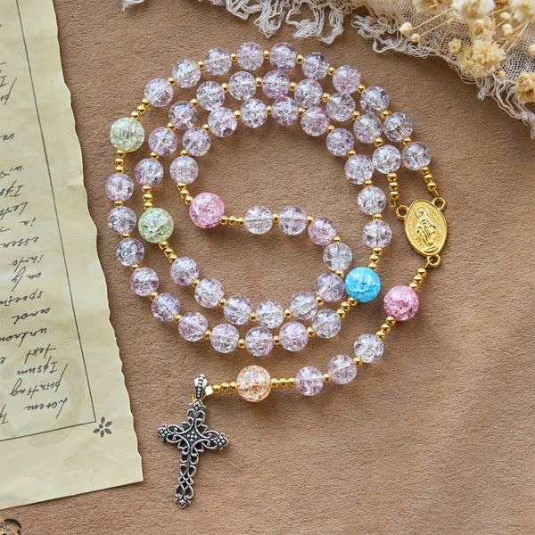Rainbow Light 8mm Crackle Glass Beads Rosary with Our Lady & Cross