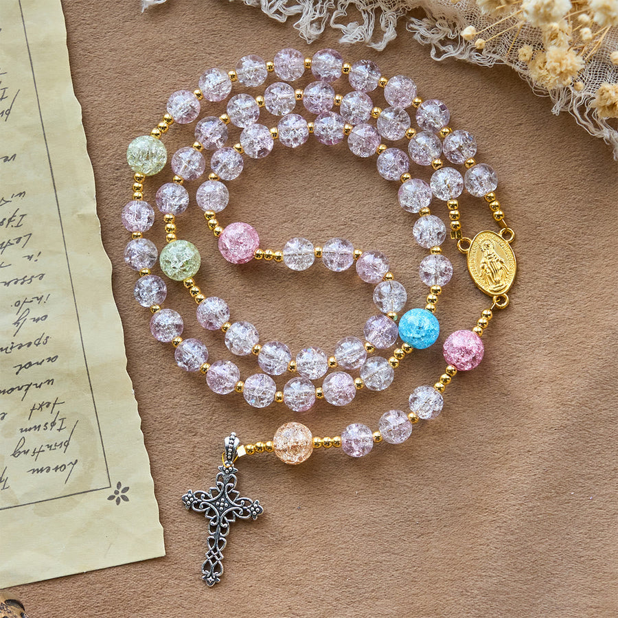 Rainbow Light 8mm Crackle Glass Beads Rosary with Our Lady & Cross