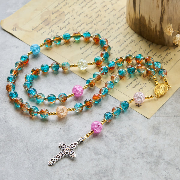 Divine Harmony Radiance Blue-Red Crackle Beads Rosary with Cross of Faith