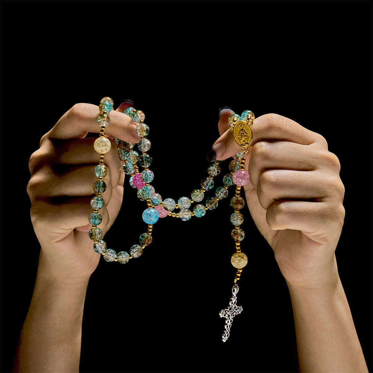 Glittering 8mm Ocean-Inspired Crackle Glass Rosary with Our Lady Medal