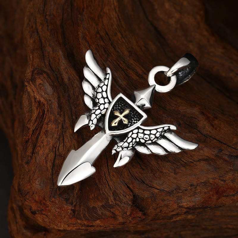 Artistic Winged Silver Cross Pendant with Shield Detail: A Unique Blend of Art and Belief