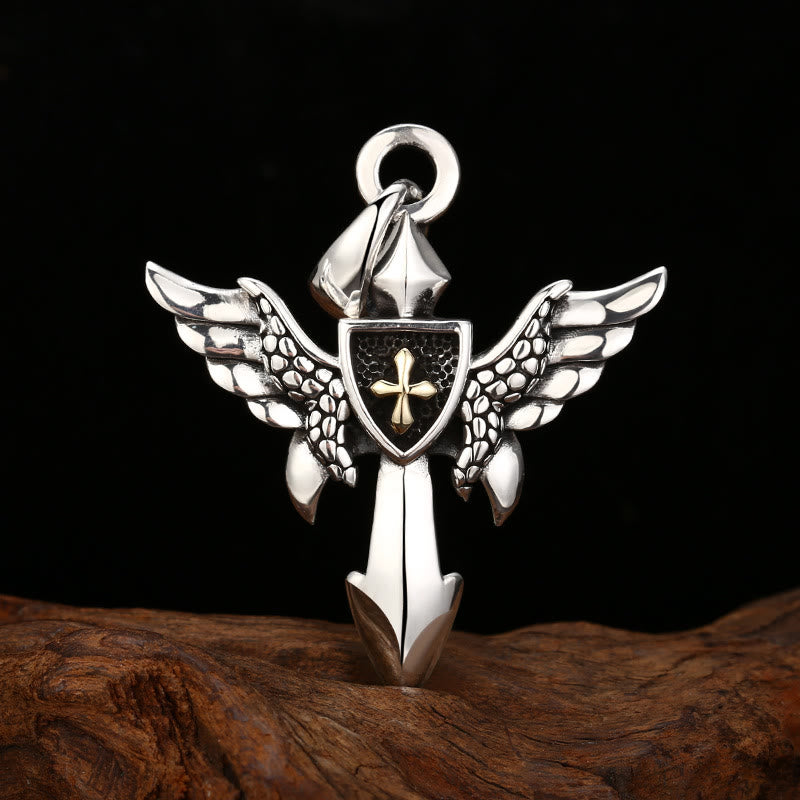 Artistic Winged Silver Cross Pendant with Shield Detail: A Unique Blend of Art and Belief