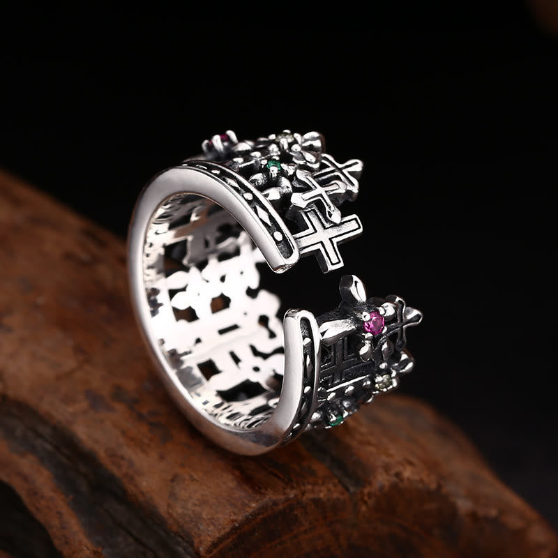 Gothic - Inspired Silver Crown Cross Ring with Zircon: A Bold Expression of Spiritual Reverence