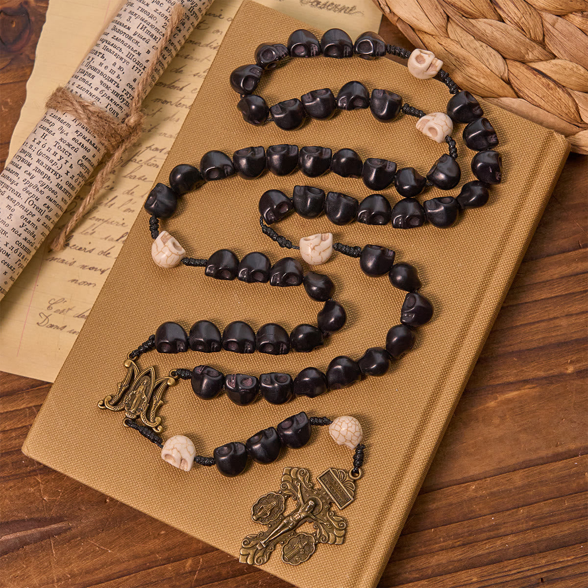 Light Over Darkness - Pardon Crucifix of Mercy with Black Skull Beads Prayer Rosary