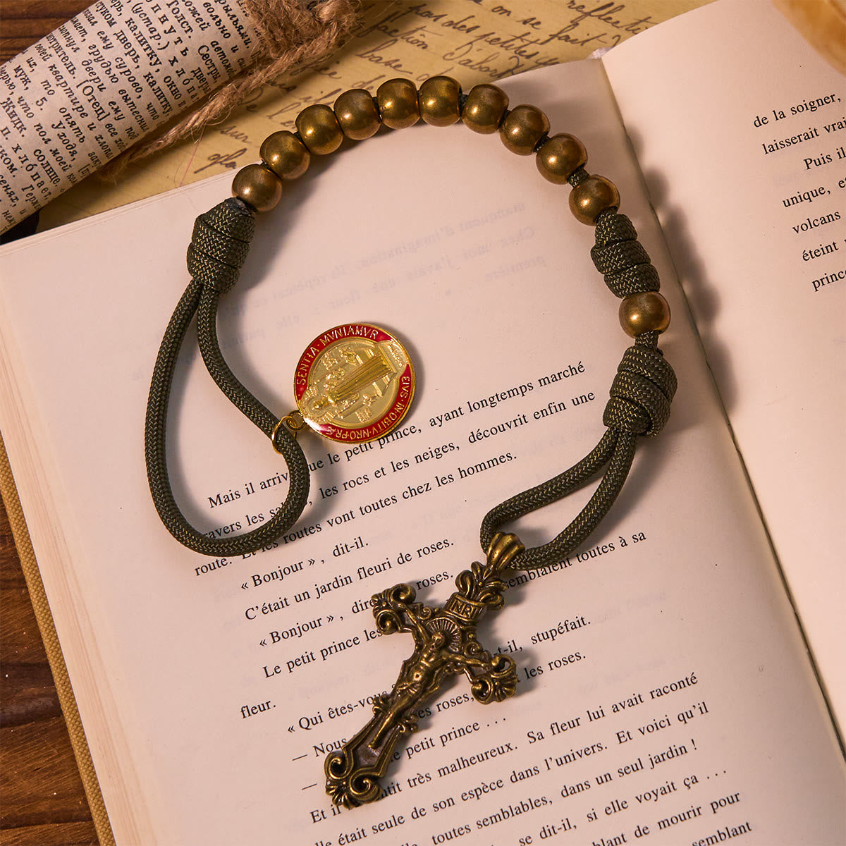 St. Benedict Protection All-Place Portable Bronze Beads Nylon Cord Pocket Rosary