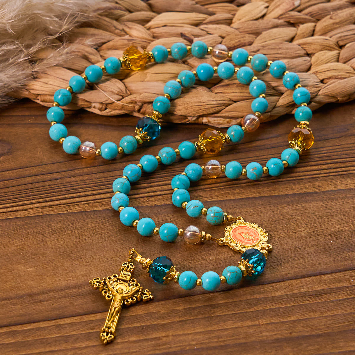 Classic Turquoise Bead & Golden Alloy Rosary with Crucifix & Miraculous Medal