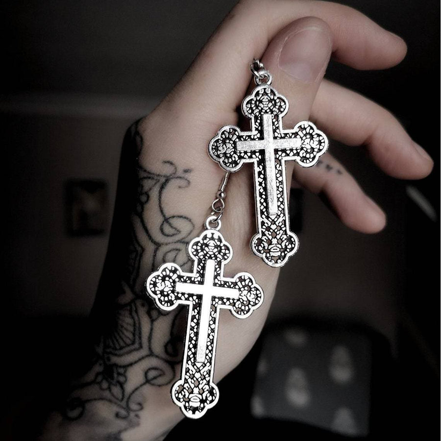 Vintage Filigree Cross Drop Earrings: Edgy Daily Jewelry