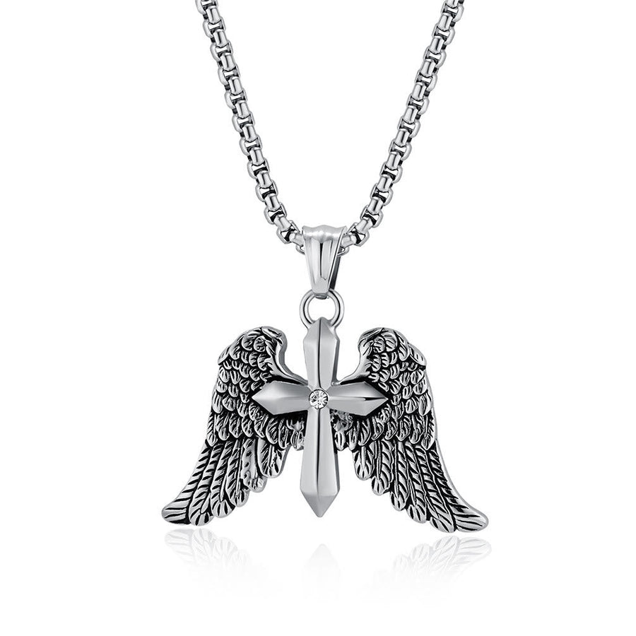 Tri - Color Winged Cross Pendant Necklace: Fusion of Faith and Edgy Style