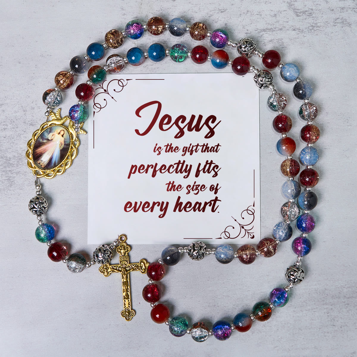 PRAYERFUL FAITH: Handmade Gradient Multicolor Glass Bead & Brass Crucifix Rosary with Gift Card