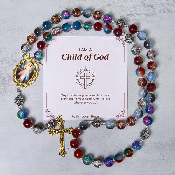 PRAYERFUL FAITH: Handmade Gradient Multicolor Glass Bead & Brass Crucifix Rosary with Gift Card