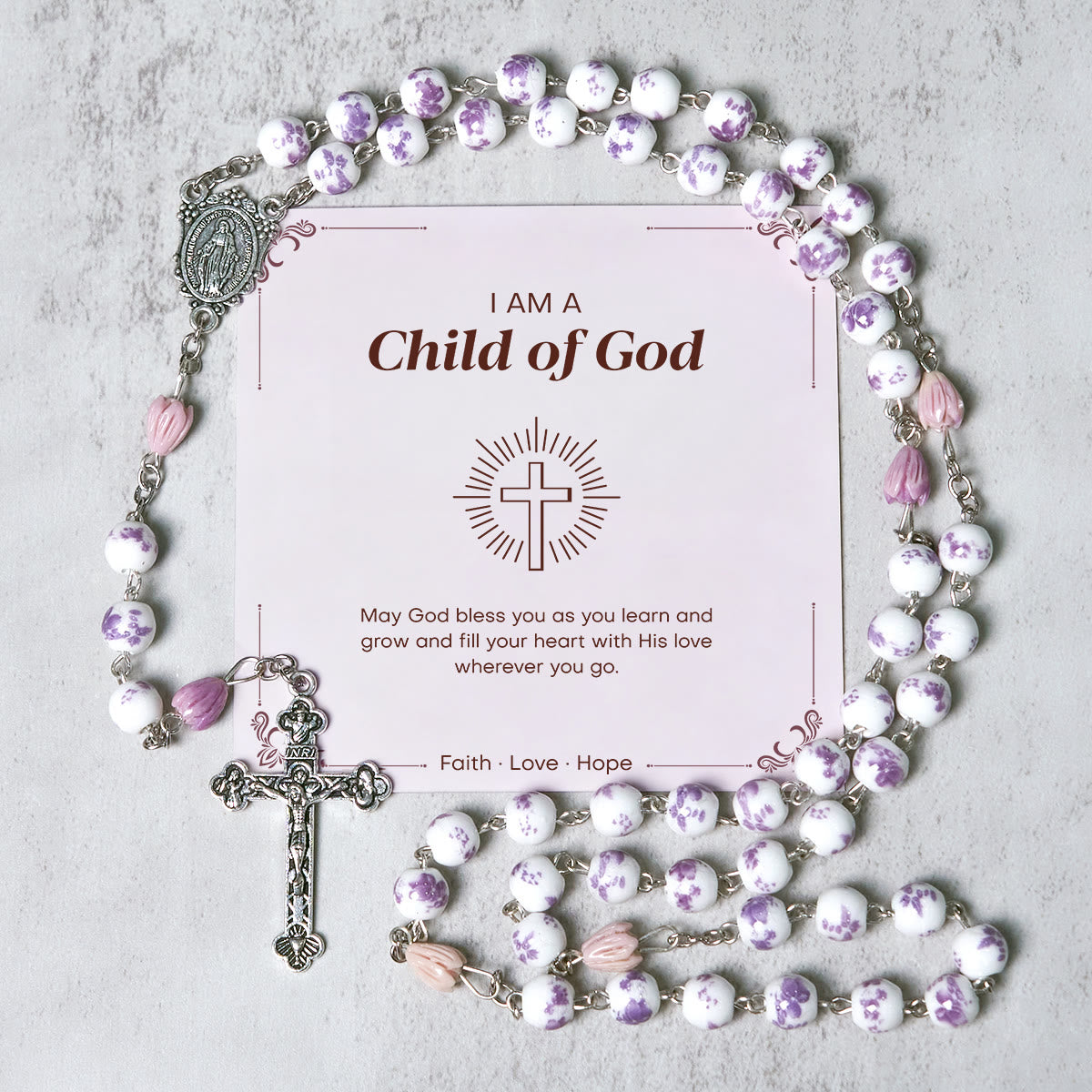 PRAYERFUL FAITH: Handmade Purple Flower Beads Rosary with Gift Card