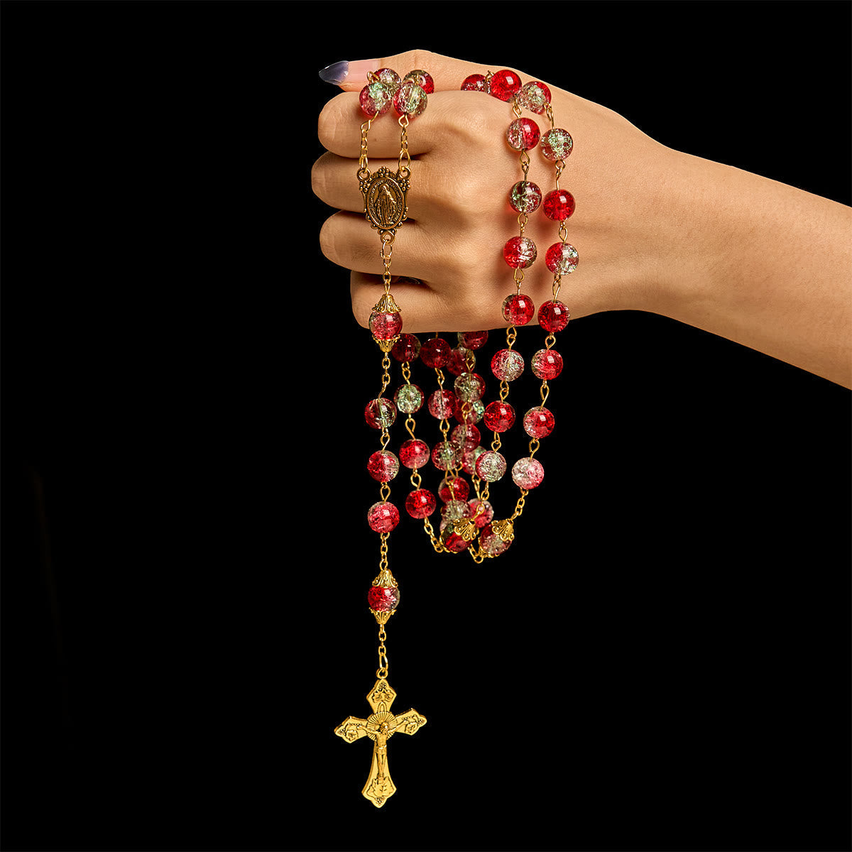 Christmas - Themed Red Bead Rosary with Golden Crucifix & Madonna Medal