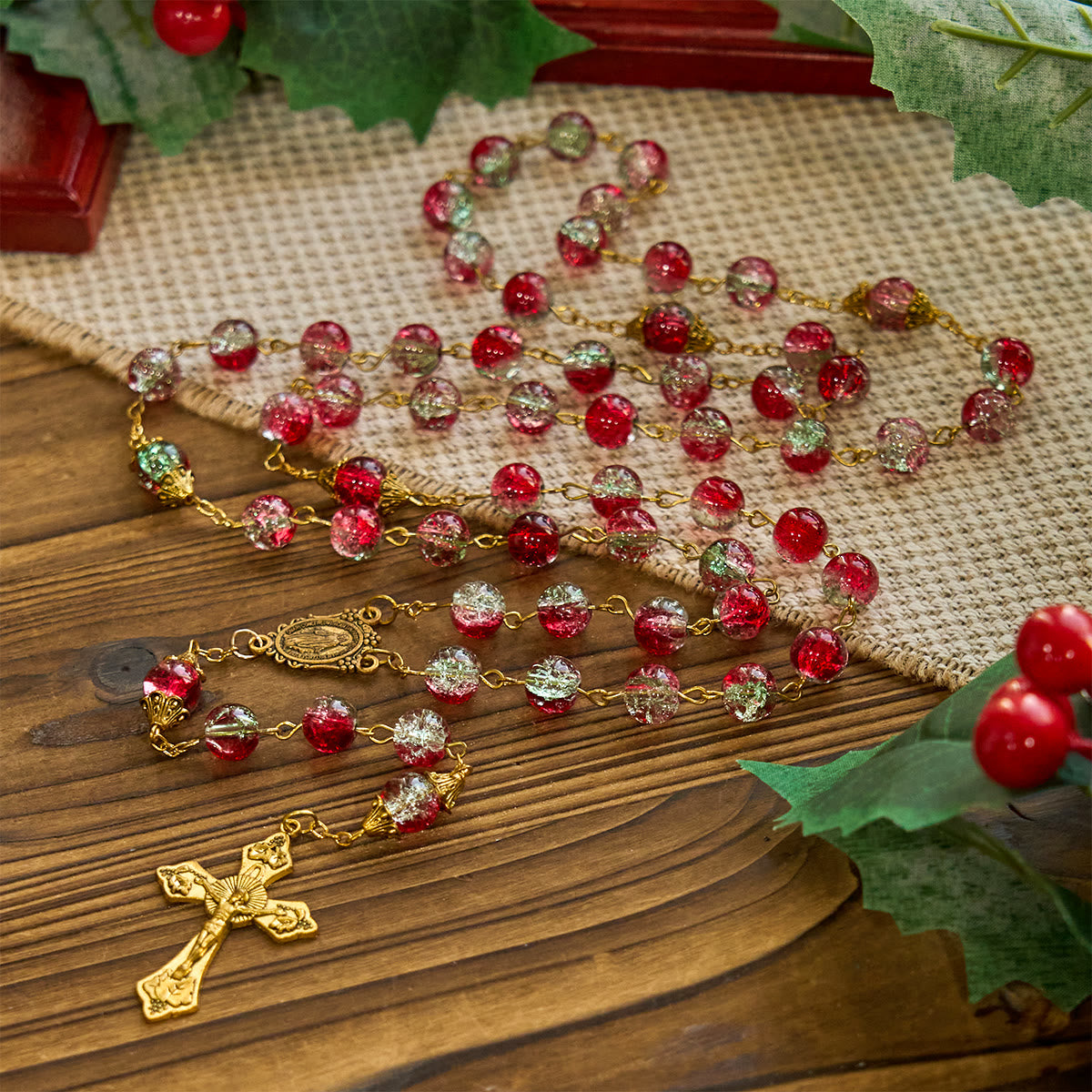 PRAYERFUL FAITH: Christmas-Themed Red Bead Rosary with Golden Crucifix & Madonna Medal