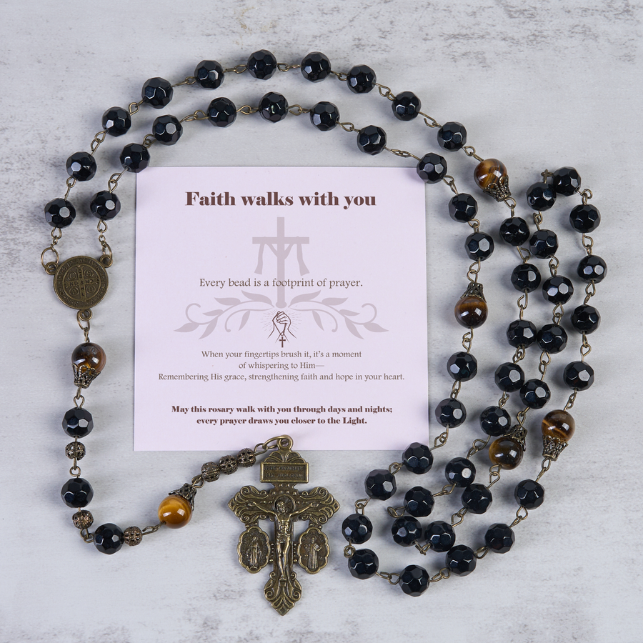 "Faith walks with you" Vintage Obsidian Tiger Eye Beads Rosary with Pardon Crucifix & St. Benedict