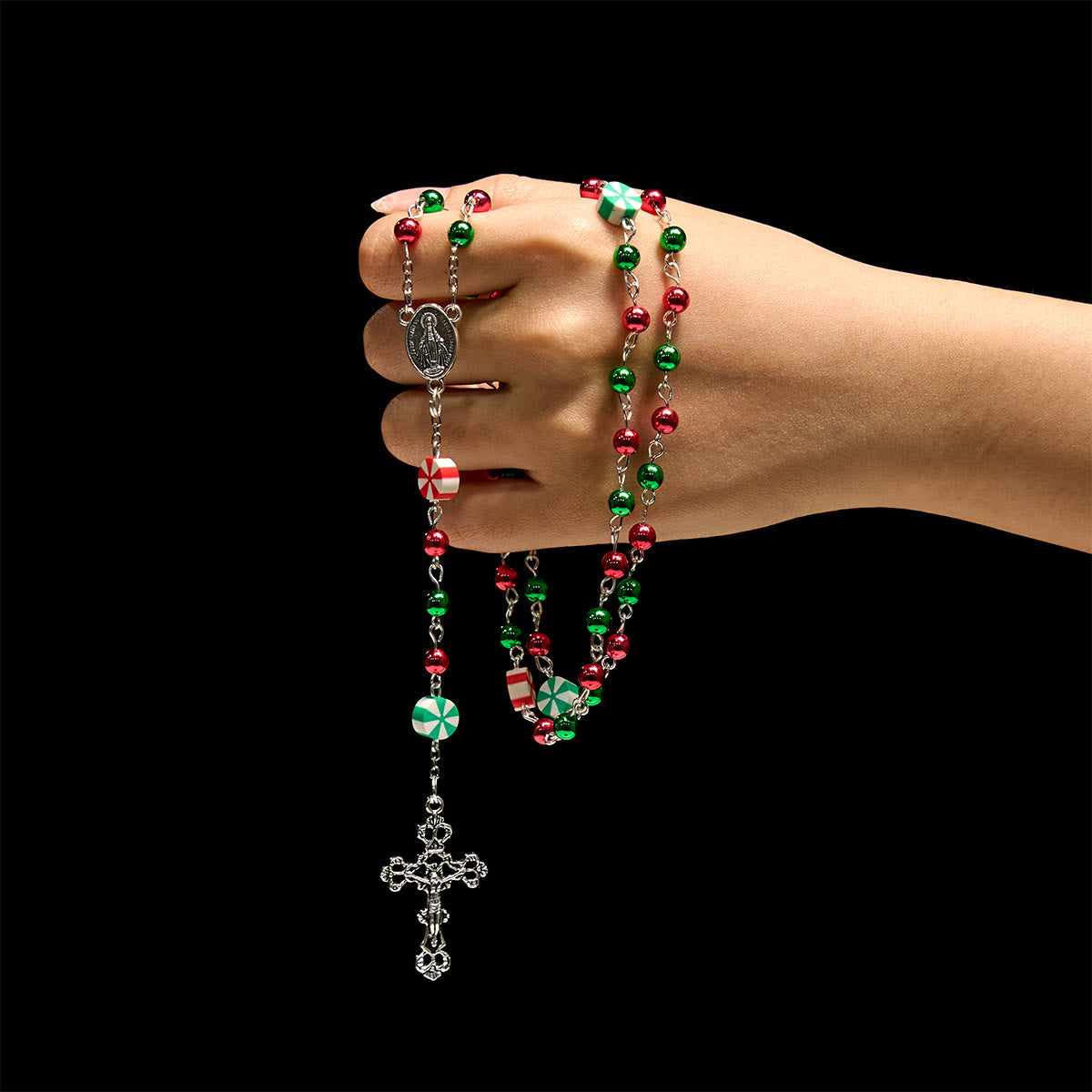 Festive Christmas Rosary: Red - Green Beads, Candy Shapes & Crucifix