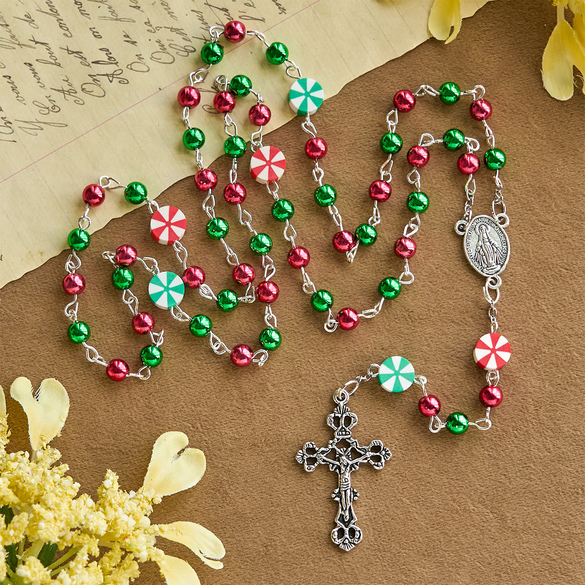 Festive Christmas Rosary: Red - Green Beads, Candy Shapes & Crucifix