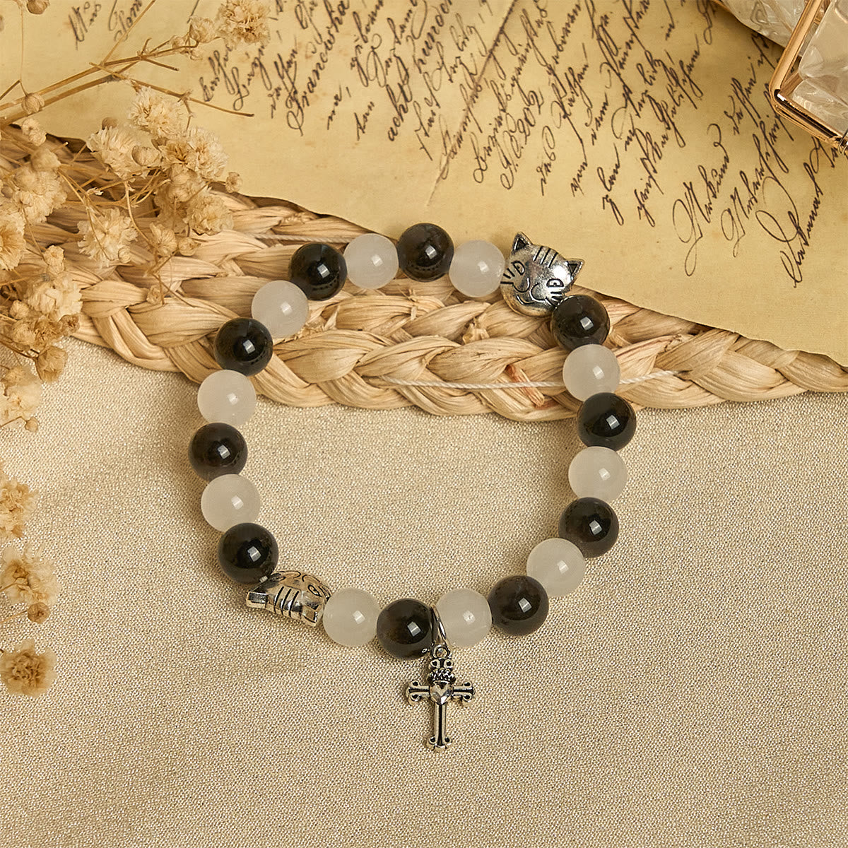 Our Lady's Blessing with Black & White Cow Cat Beads Animal Bracelet