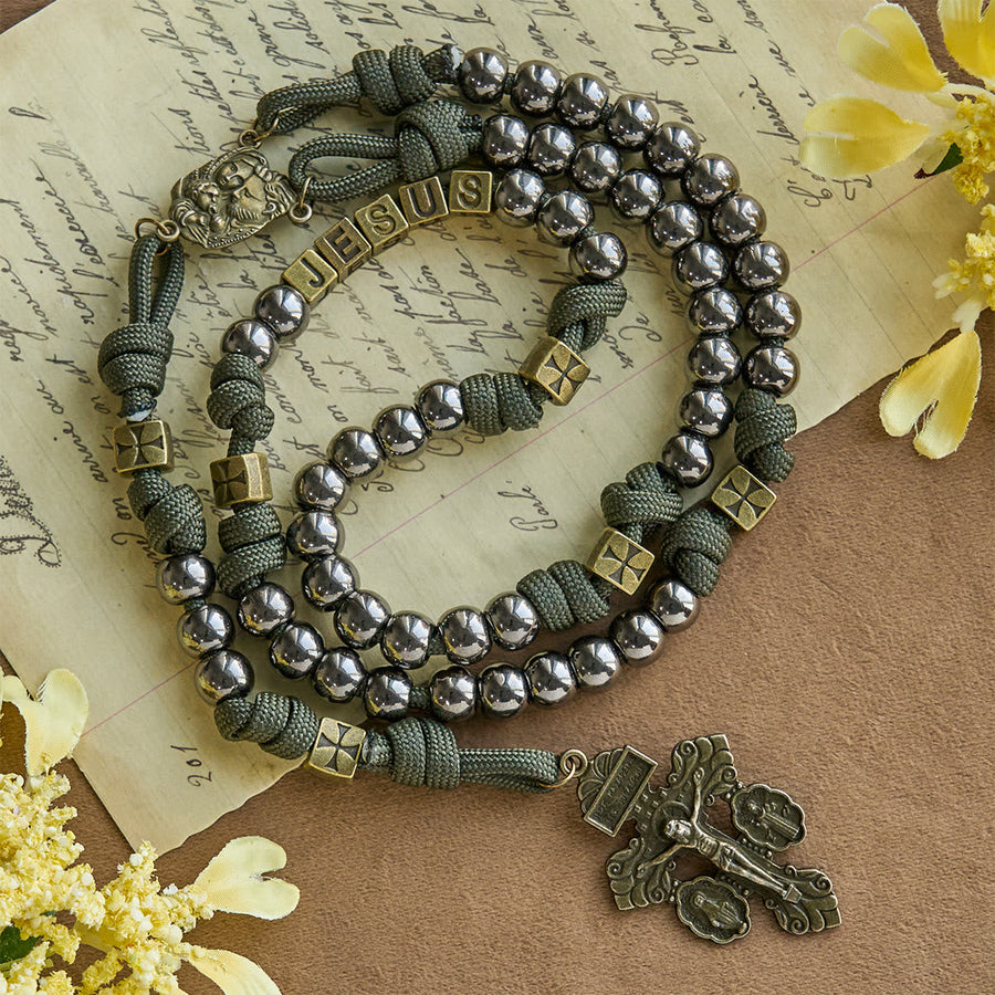 Military - Style Paracord Custom Rosary: Silver-Toned Beads & Brass JESUS