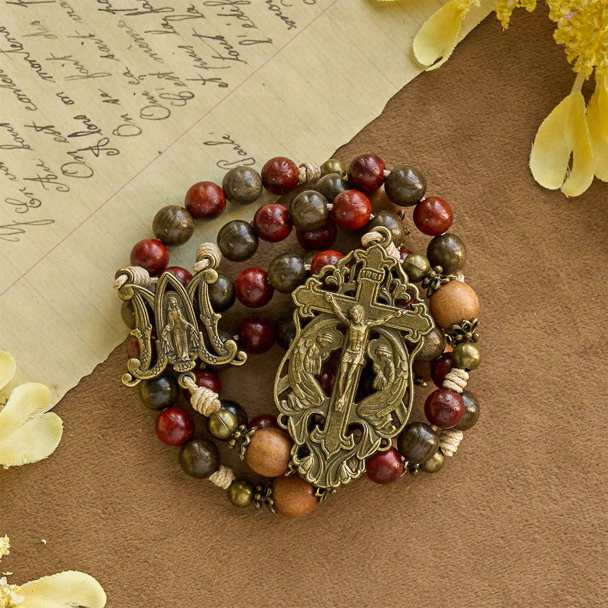 Traditoinal Christmas-Style Wooden Rosary: Earthy Beads & Bronze Crucifix