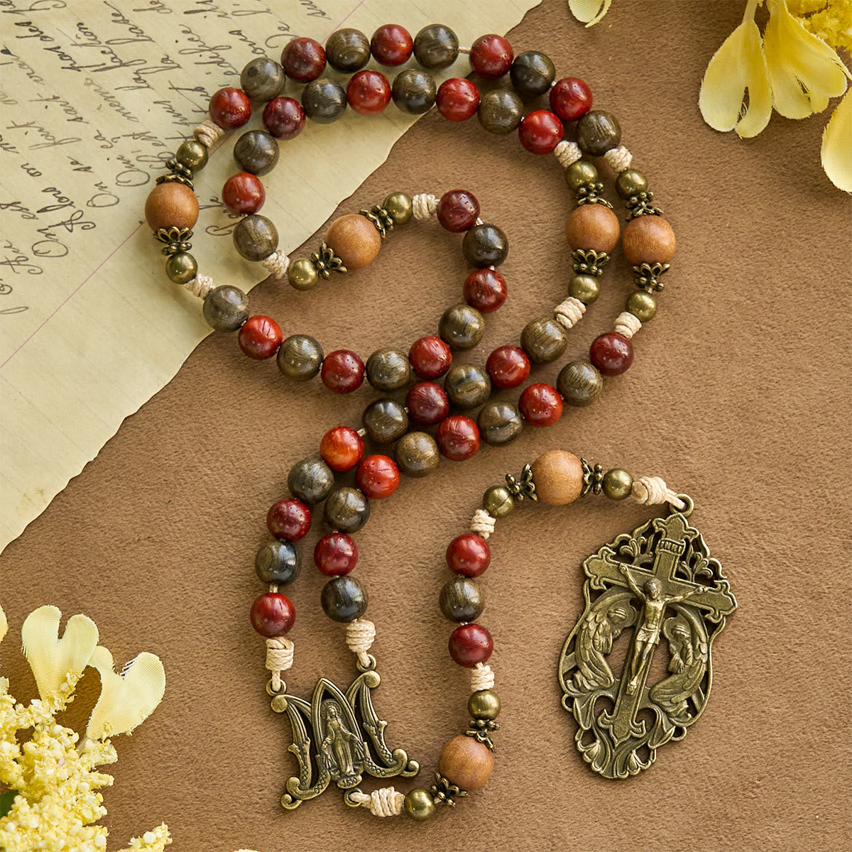 Traditoinal Christmas-Style Wooden Rosary: Earthy Beads & Bronze Crucifix