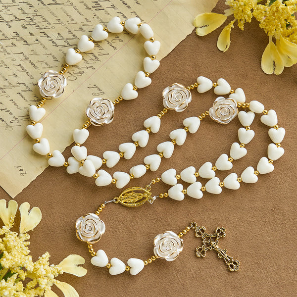 10mm Luminous Heart and White Rose Rosary: Mary's Gentle Protection