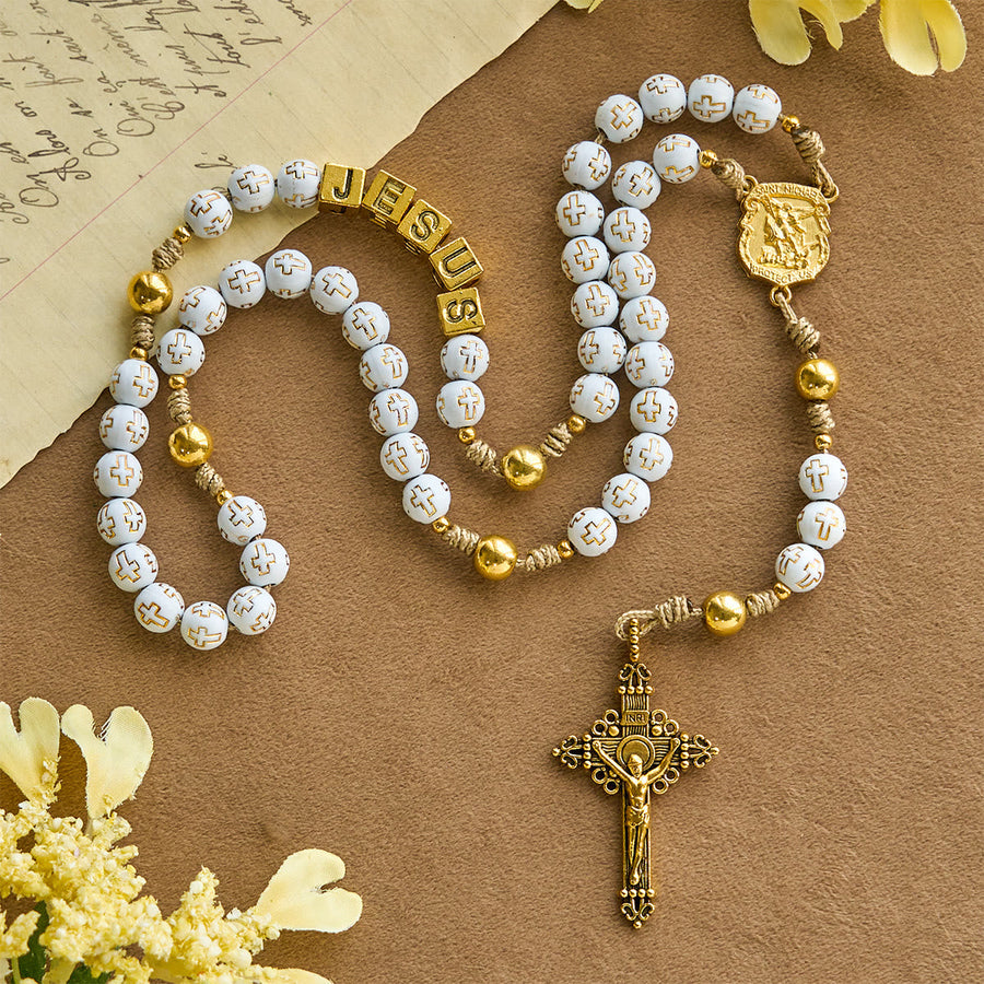 Ivory Golden Cross Beads Prayer Rosary with St. Michael & Personalized JESUS Letter